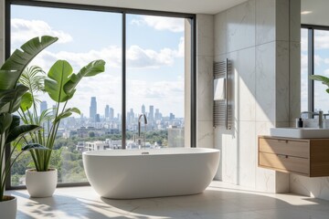 Wall Mural - Modern Bathroom with Large Window and City View in Daylight