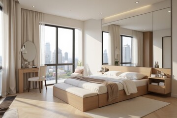 Wall Mural - Modern Minimalist Bedroom Interior with City View and Natural Light