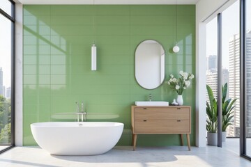 Poster - Modern Bathroom Interior with Green Wall and Contemporary Decor