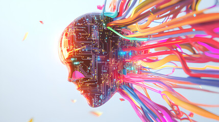 Wall Mural - ai symbol adorned with complex circuit layout on a white background. surrounded by colorful, flowing