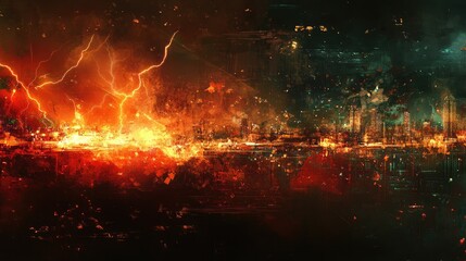 Wall Mural - A vibrant digital artwork depicting a fiery landscape with lightning and abstract elements.