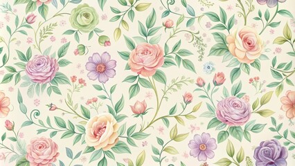  Delicate Watercolor Floral Pattern Featuring Roses and Other Blossoms in Pastel Hues