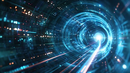 Wall Mural - abstract digital art depicting a futuristic tunnel of light and data. represents speed, technology, 