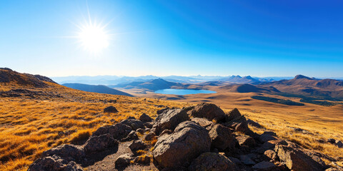 Wall Mural - Breathtaking mountain view overlooking serene lake high altitude landscape vibrant nature panoramic perspective