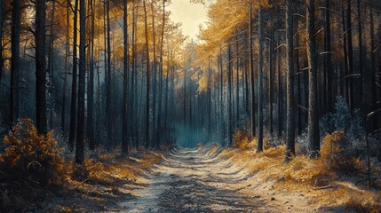Canvas Print - sunlit path through autumnal forest, tall trees line the way. perfect for illustrating tranquility, 