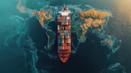 Global Logistics and Shipping: A container cargo ship at a port, with a world map overlay showing distribution routes and intern