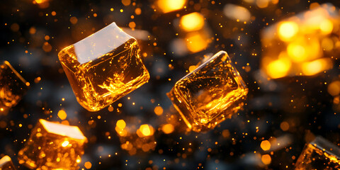 Wall Mural - Golden Ice Cubes Falling: A captivating image of sparkling golden ice cubes falling against a dark background, illuminated by warm, golden light.