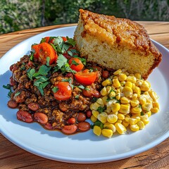 Wall Mural - Delicious Vegetarian Chili with Cornbread and Fresh Tomato Garnish Outdoor Picnic Setting Food Natural Light Culinary Delight