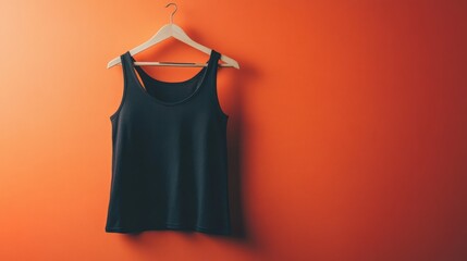 Wall Mural - Black tank top hanging on wooden hanger against orange background.