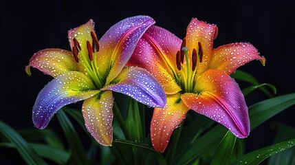 Two Vibrant Lilies with Dewdrops