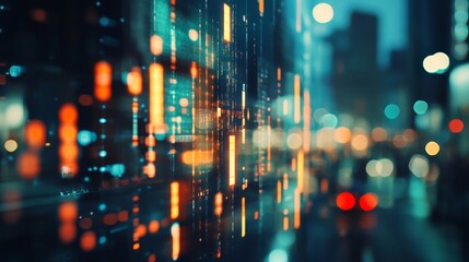 Leinwandbilder - Abstract glowing big data forex candlestick chart on blurry city backdrop. Trade, technology, investment and analysis concept. Double exposure