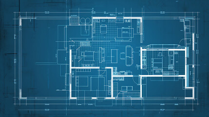 Wall Mural - overhead shot of a very detailed house blueprint, house plan with all elements present abstract tech