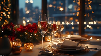 Wall Mural - Elegant dinner celebration with wine city view festive ambiance