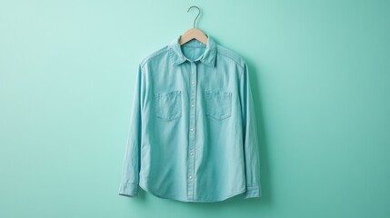 Wall Mural - Light blue denim shirt hanging on a wooden hanger against a mint green background.