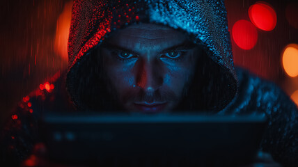 Wall Mural - a man is looking at a tablet with a hoodie on. the image has a moody and mysterious feel to it