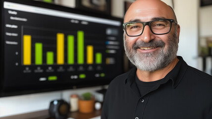 Wall Mural - A man with glasses is smiling in front of a computer monitor. The monitor displays a graph with a green line and a yellow line. The man is wearing a black shirt and glasses