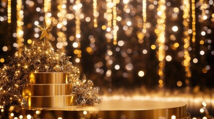 Wall Mural - Festive gold Christmas tree on tiered platform with bokeh background.