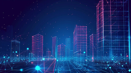 Wall Mural - Neon mega city capital towers with futuristic technology background, future modern building virtual reality, night life style concept a blue and pink abstract background with a swirl,
