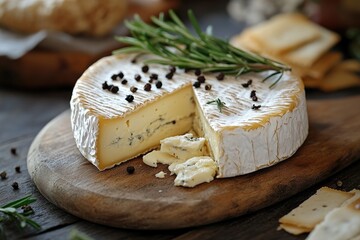 Wall Mural - Creamy camembert cheese with rosemary and peppercorns on rustic wooden board