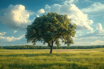 Lonely tree standing in green field under cloudy sky