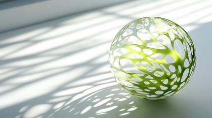 Wall Mural - Abstract green sphere with intricate lattice structure casting shadows on a white surface.