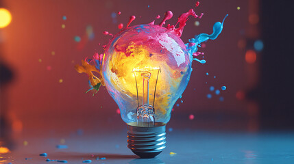 Wall Mural - Creative colorful light bulb explosion with blue, yellow and pink splash on a background, creativity idea. Light bulb and paint, concept. Think different. Paint with splashes
