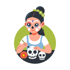 Wall Mural - A flat illustration of a gothic girl painting on skull 