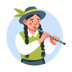 Wall Mural - A flat illustration of a mexican girl playing flute 