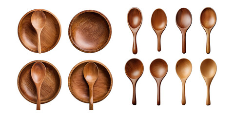 Wall Mural - Wooden Bowls and Spoons on Transparent Background