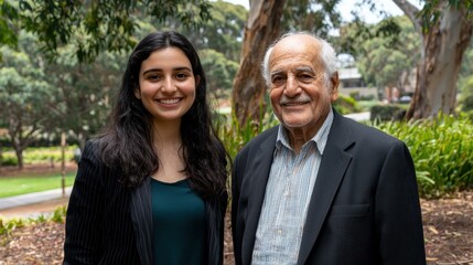 Wall Mural - A young woman smiles warmly, with an older man in the background. AI.