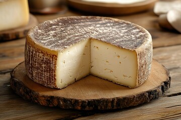 Various kind of cheese served on wooden table, traditional pieces of french and italy hand-made cheese.