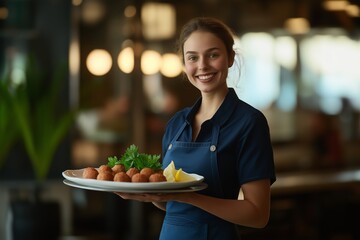 A smiling server presents delicious sardine balls, a savory food made from ground sardines, garnished with herbs and lemon, in a cozy restaurant setting.