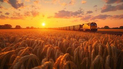 A train travels through a golden wheat field at sunset, capturing a serene rural landscape.