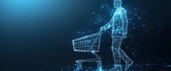 Wall Mural - digital shopping experience: man pushing a wireframe shopping cart