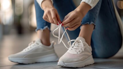  Woman tying shoelaces of white sneakers while sitting.