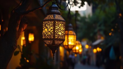 Wall Mural - Ornate lanterns illuminating evening street with warm glow