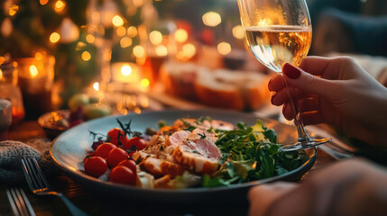 A person is holding a wine glass and eating a plate of food