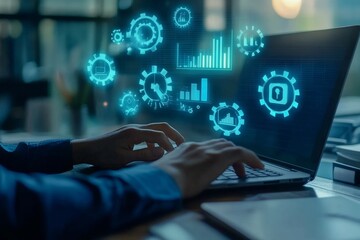 Wall Mural - dynamic professional workspace with holographic icons for automation, analytics, and teamwork