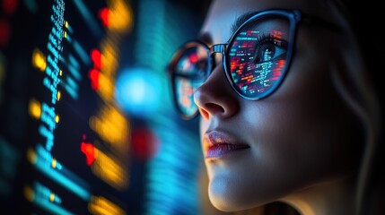 Woman wearing glasses analyzing code or data in a dark environment