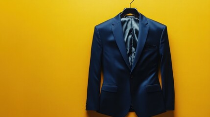 Wall Mural - Dark blue suit jacket hanging on a yellow background.