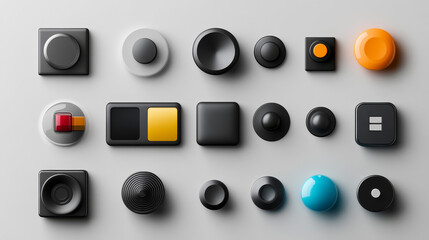 Neumorphic knob UI kit, mobile application buttons, user interface or UX. Buttons, on off sliders, switches and volume control knobs of mobile and website app GUI, minimal neumorphism