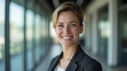 Wall Mural - portrait of successful businesswoman consultant looking at camera and smiling inside modern office building