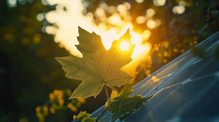 Sustainable solar energy concept with a green leaf encircling a photovoltaic panel under a colorful hot yellow sun, vector illustration