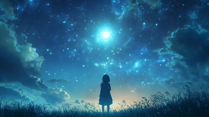 Wall Mural - enchanting anime girl in luminescent dreamscape beneath a starry night sky – seamless looping time-l
