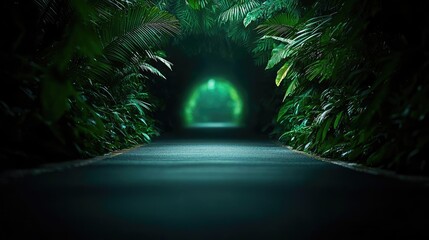 Poster - Mystical tropical concept. A serene pathway leads through lush greenery into a mysterious glowing tunnel.