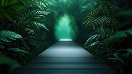 Poster - Mystical tropical concept. Serene pathway through lush tropical foliage leading to a tranquil green light.