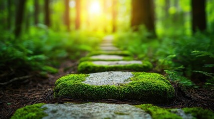 Poster - Mystical nature concept. A serene path of moss-covered stones leading through a lush green forest at sunrise.