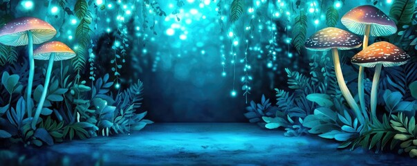 Poster - Mystical lush idea. Enchanting forest scene with glowing mushrooms and vibrant greenery under a mystical light.
