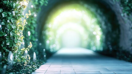Poster - Mystical lush idea. A serene pathway surrounded by lush green vines and soft glowing light creates tranquility.