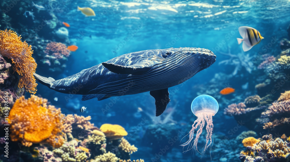 Underwater landscape game background with sea animals characters on ...